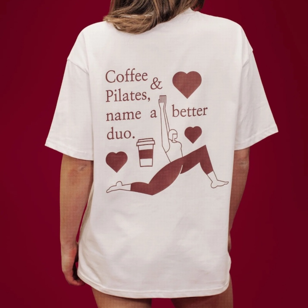 Sale NWT Pilates the Espresso of Workouts Coffee & Pilates name a better duo Tee